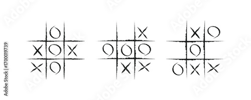 Grunge style tic-tac-toe game illustration. Hand-drawn X and O symbols. Perfect for game icons, backgrounds, or retro design projects. Use for posters, t-shirts, and social media
