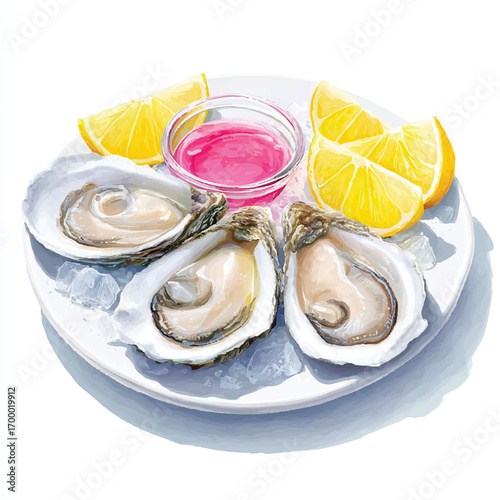 Oysters with lemon wedges and sauce a seafood delicacy.