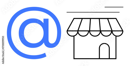 Large blue email at symbol next to a small storefront with striped awning and door. Ideal for ecommerce, online shopping, email marketing, digital stores, business branding, communication, modern
