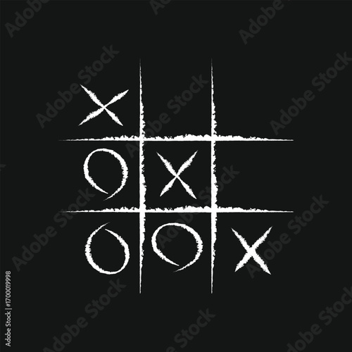 Chalkboard-style tic-tac-toe game with a winning line. Hand-drawn X and O symbols. Ideal for game UI, educational themes, or retro design projects. Perfect for websites and posters