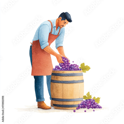 Man carefully placing fresh grapes into a wooden barrel for winemaking.