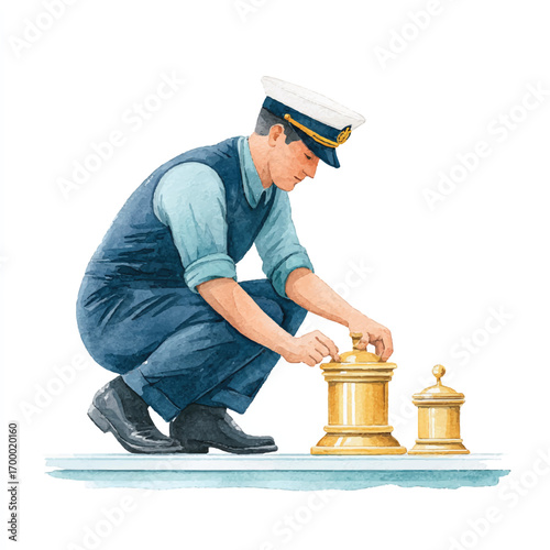 Man in uniform tending to brass objects.