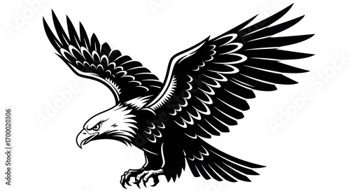 Black and White Eagle Illustration with Sharp Wings and Intense Expression in Bold Style