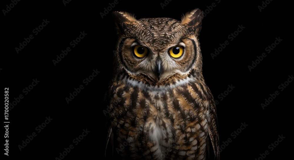 Obraz premium Owl portrait with dark background showing detailed feathers and piercing yellow eyes.