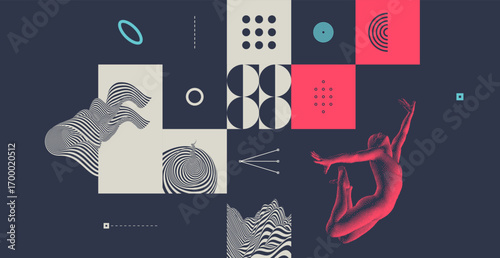 An athlete in a jump. Human body. Gymnastics activities. Optical illusion. Wavy striped background. Landscape background. Mountain. Tunnel. Mosaic. Vector for poster, cover, brochure, flyer or banner.