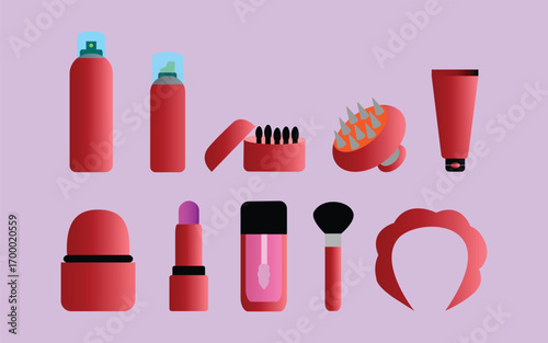 Beauty product assortment featuring lipstick sprays and brushes on light purple