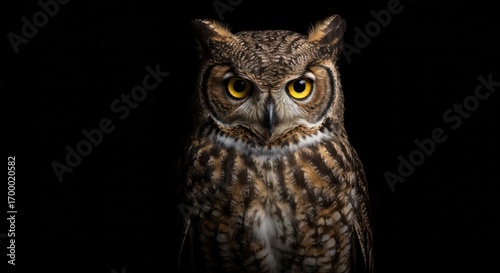 Wallpaper Mural Owl portrait with dark background showing detailed feathers and piercing yellow eyes. Torontodigital.ca