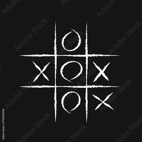 A classic tic-tac-toe game illustration on a digital chalkboard, with hand-drawn 'X' and 'O' symbols. This vector is perfect for game interfaces, educational content, or retro-themed projects