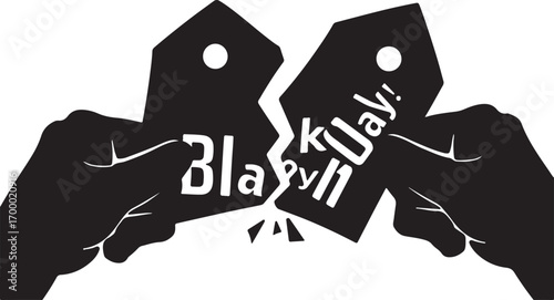 Black and white illustration of hands tearing a tag with text Black Friday breaking