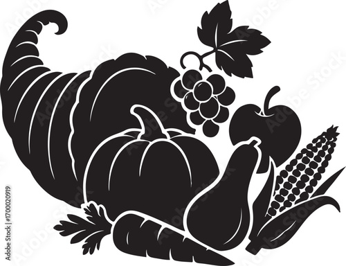 Black and white silhouette of a cornucopia overflowing with harvest produce autumn fall