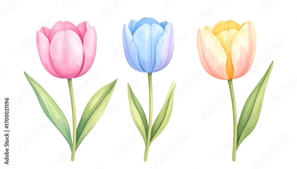 custom made wallpaper toronto digitalThree pastel-colored tulips in light pink, light blue, and light orange, depicted in a delicate watercolor style against a pure white background.