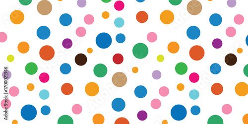 Seamless multicolor polka dot vector pattern, colorful pastel background for fabric, paper, and textile design.