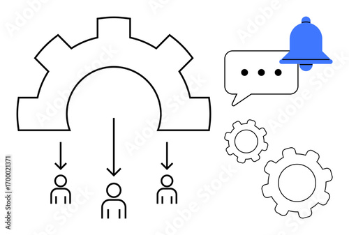 Gear representing workflow, connected individuals, notification bell, chat bubble, and smaller gears. Ideal for teamwork, workflow, communication, task management productivity hierarchy simple