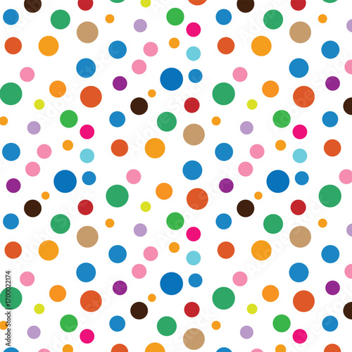 Seamless multicolor polka dot vector pattern, playful pastel and bright dots background for fabric and stationery.