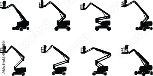 Boom lift silhouettes, cherry picker silhouettes, aerial work platform, construction machinery, industrial equipment, articulated arm, maintenance lift, safety platform, elevated work, heavy machine