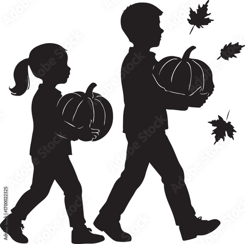Black silhouette of a boy and girl carrying pumpkins with falling autumn leaves children