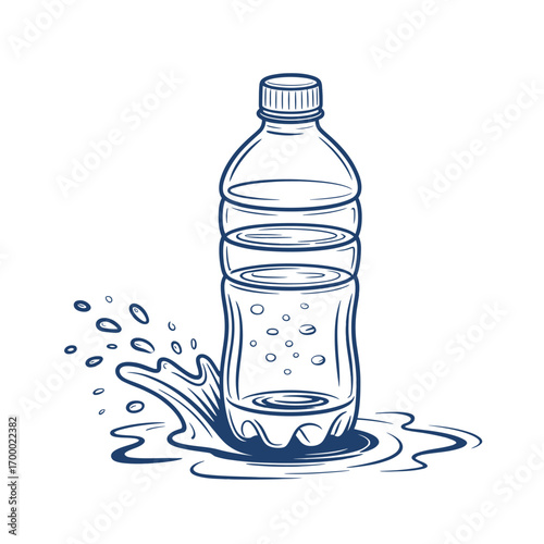Hand drawn sketch of a water bottle splashing water