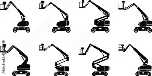 Boom lift, cherry picker, aerial work platform, construction equipment, industrial machine, articulated arm, maintenance vehicle, safety platform, heavy machinery, work at height