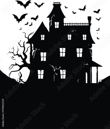 Black silhouette of a haunted house with bats flying around a bare tree halloween spooky