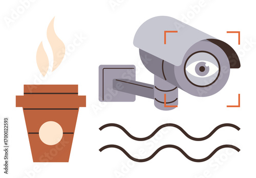 Security camera focused on surveillance, steaming coffee cup symbolizing alertness, abstract wave patterns for connectivity. Ideal for security, awareness, observation, technology, vigilance, safety