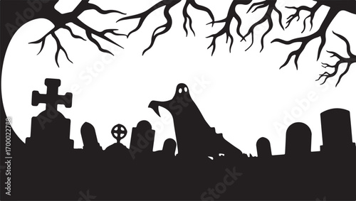 Black silhouette of a spooky ghost and gravestones under bare tree branches halloween cemetery