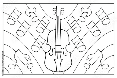 Black and white illustration of a violin surrounded by musical notes and abstract shapes musical instrument