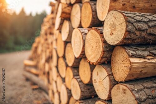 Logs Stacked Neatly Beside a Forest in Golden Sunset Light