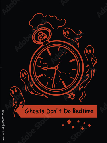 Cracked Pocket Watch With Tiny Sheets of Ghostly Spirits, Spooky Halloween T-Shirt Design, Creepy Gothic Illustration