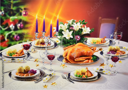 Airbrush Illustration aus den 1990er Jahren, Weihnachliche gedeckte Tafel mit Truthahn und Knödel, Weihnachtsbaum im Hintergrund