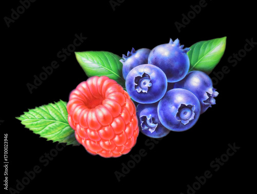 Airbrush Illustration aus den 1990er Jahren, Himbeeren und Heidelbeeren mit Blättchen auf schwarzem Hintergrund