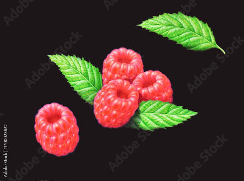 Airbrush Illustration aus den 1990er Jahren, Himbeeren auf schwarzem Hintergrund