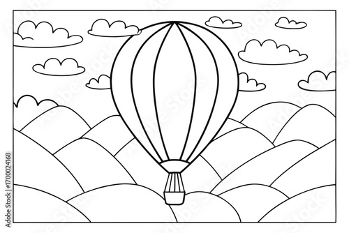 Black and white outline of a hot air balloon floating over rolling hills and clouds airship aircraft