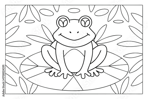 Black and white outline of a smiling frog sitting on a lily pad surrounded by leaves amphibian animal