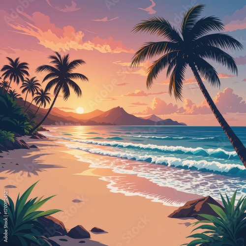 Vibrant tropical beach sunset with swaying palm trees and gentle ocean waves, creating a serene and picturesque paradise scene under a colorful sky