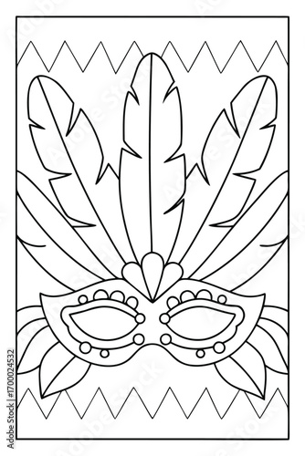 Black and white outline of a Venetian masquerade mask with feathers and zigzag border carnival costume