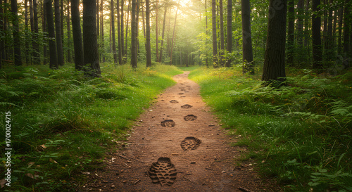 Boot prints on a forest trail with an adventurous mood representing exploration