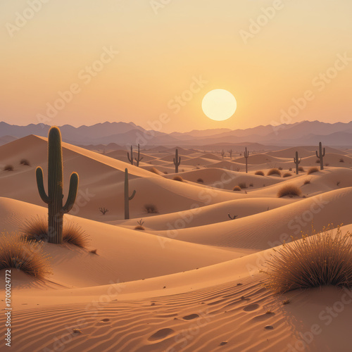 Golden sunlight illuminates a serene desert landscape with saguaro cacti scattered across rolling sand dunes