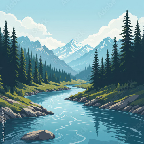 Peaceful alpine scenery featuring a clear river flowing through an evergreen forest towards majestic snowy mountains