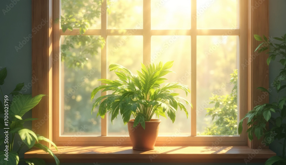 Fototapeta premium Sunlight fills window with green houseplant on windowsill, wide healthy leaves highlight freshness and natural harmony, blurred garden outside, cozy and tranquil home atmosphere