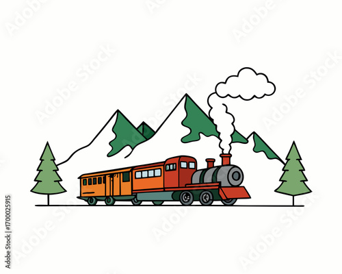 Cozy train passing through snowy mountains, smoke from engine,  vector travel illustration