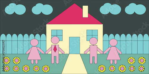 Whimsical Suburban Scene Depicting a Happy Family in Front of a House with Flowers and Cloudy Sky