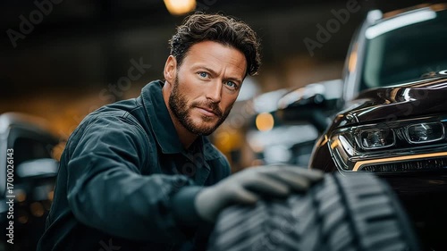Male mechanic holding car tire in hands. Professional portrait in auto repair shop or garage.