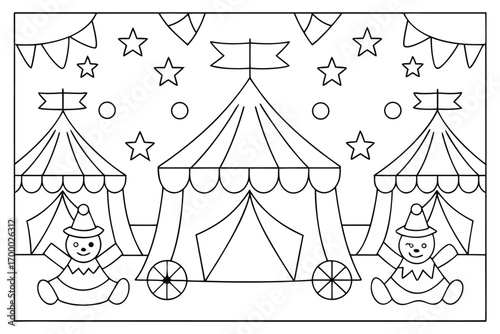 Circus tents with clowns and flags coloring page stars