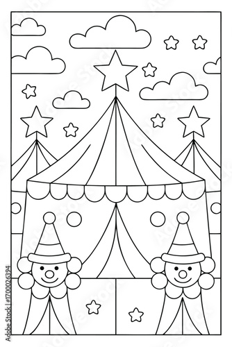 Circus tents with clowns stars and clouds coloring page vector illustration