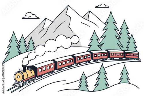 Cozy train passing through snowy mountains, smoke from engine,  vector travel illustration