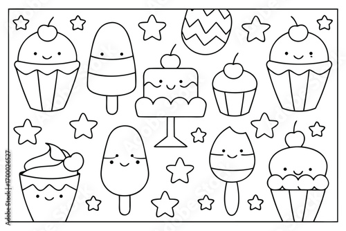 Collection of cute cartoon desserts and treats for coloring book Keywords: desserts, coloring page, outline, cartoon, food, sweets, treats, cupcakes