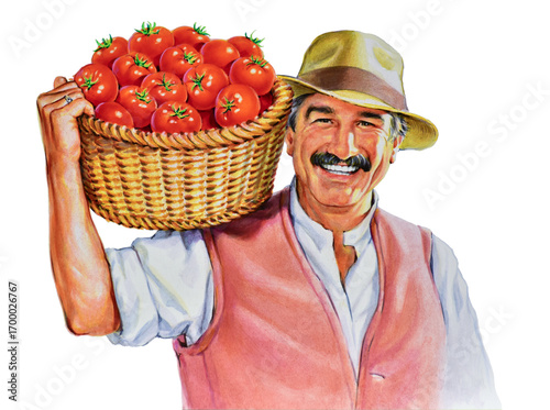 Airbrush Illustration aus den 1990er Jahren, mit einem Bauern, der einen Korb mit Tomaten auf der Schulter trägt. Die Person ist frei erfunden.