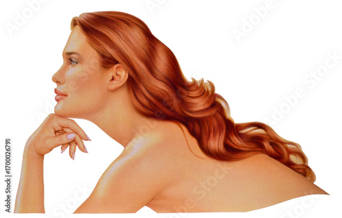 Airbrush Illustration aus den 1990er Jahren, freigestellt, mit einer Frau im Profil, für Haar-und Hautprodukte Werbung. Die Frau ist keine reale Person, sondern ein idealisiertes Bild.