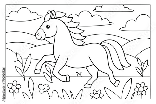 Coloring page of a horse running in a field with flowers and clouds Keywords: coloring page, horse, running, field, flowers, clouds, grass, hills