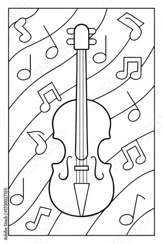 Coloring page of a violin with musical notes scattered around in a playful pattern musical instrument